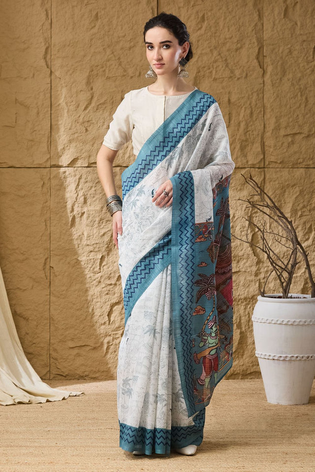 Blue Printed Silk Blend Ready to Wear Saree (ACA9859)
