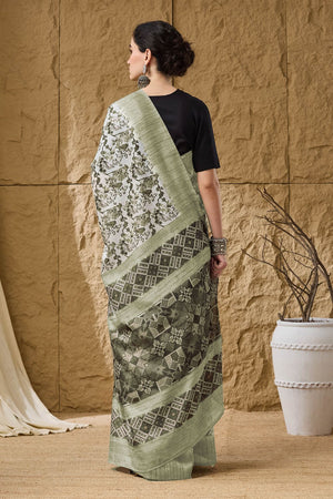 Green Floral Printed Silk Blend Ready to Wear Saree (ACA9860)