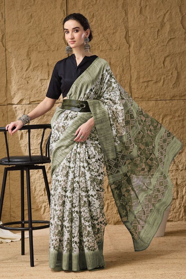 Green Floral Printed Silk Blend Ready to Wear Saree (ACA9860)