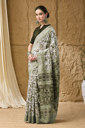 Green Floral Printed Silk Blend Ready to Wear Saree (ACA9860)