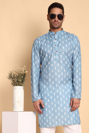 Mens Blue Printed Cotton Kurta Set (ACA9873)