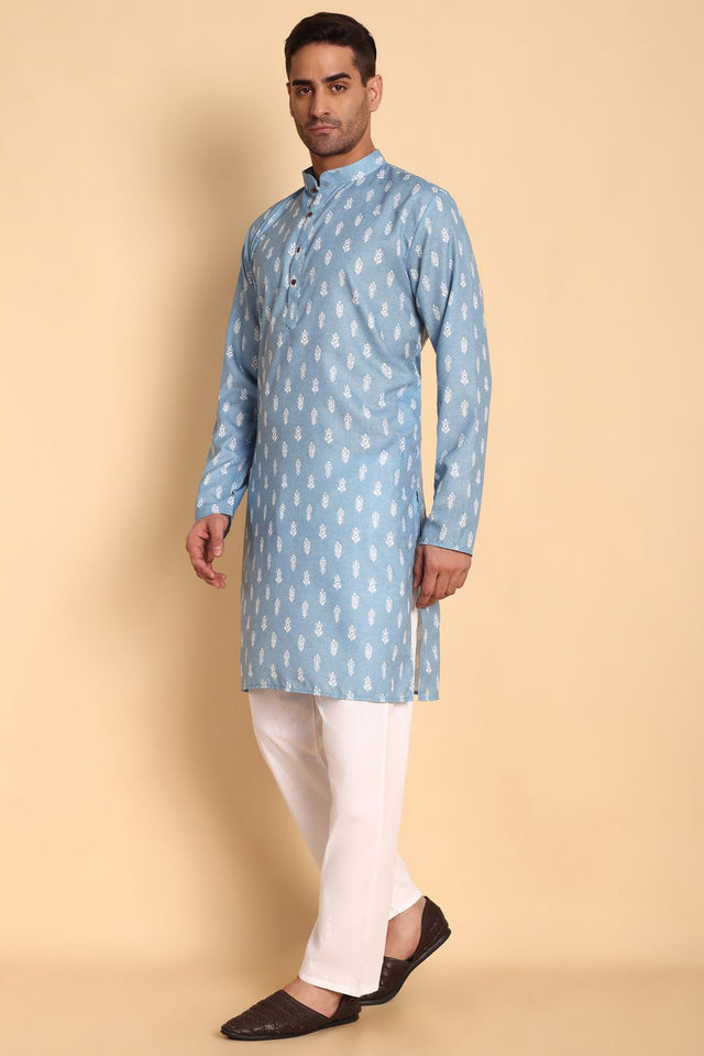 Mens Blue Printed Cotton Kurta Set (ACA9873)