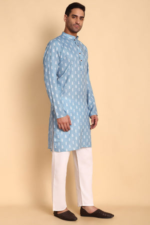 Mens Blue Printed Cotton Kurta Set (ACA9873)