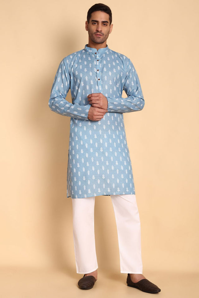 Mens Blue Printed Cotton Kurta Set (ACA9873)