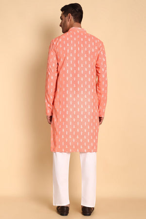 Mens Peach Printed Cotton Kurta Set (ACA9874)