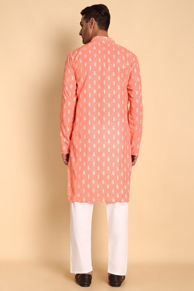 Mens Peach Printed Cotton Kurta Set (ACA9874)