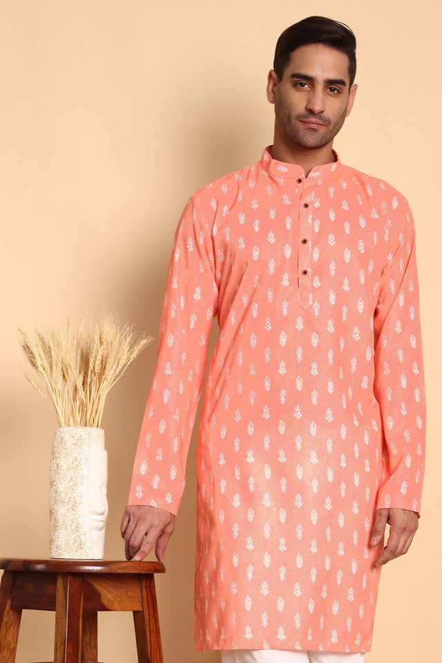 Mens Peach Printed Cotton Kurta Set (ACA9874)