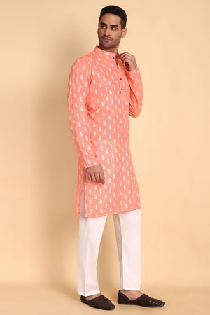 Mens Peach Printed Cotton Kurta Set (ACA9874)