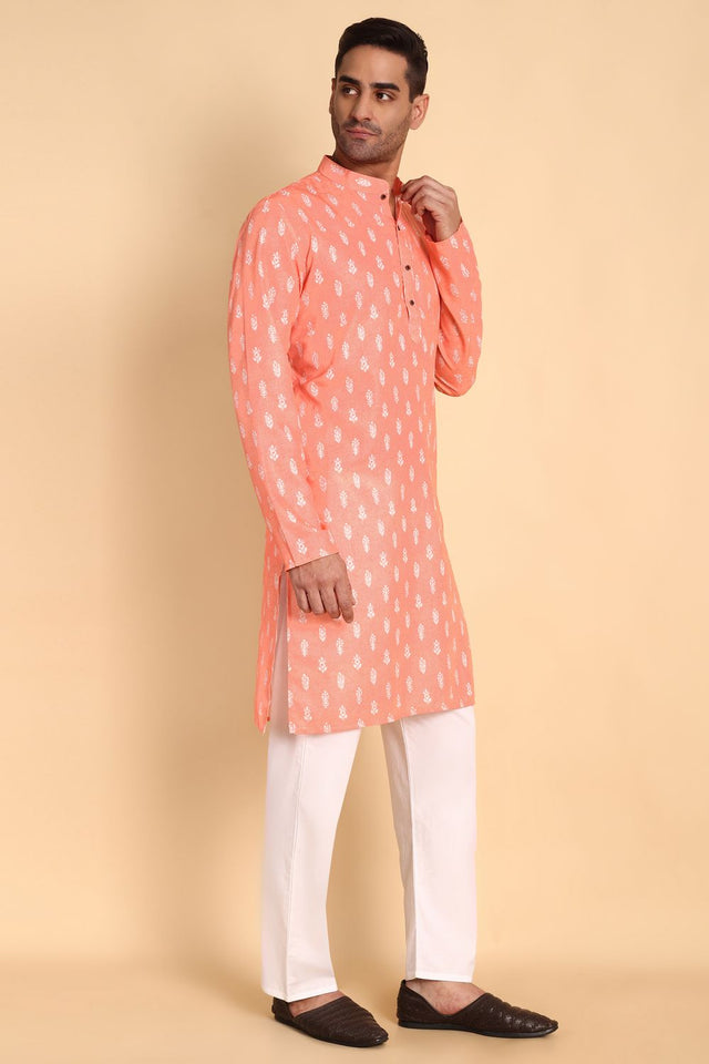 Mens Peach Printed Cotton Kurta Set (ACA9874)