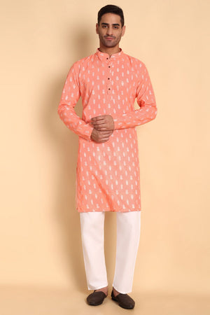 Mens Peach Printed Cotton Kurta Set (ACA9874)