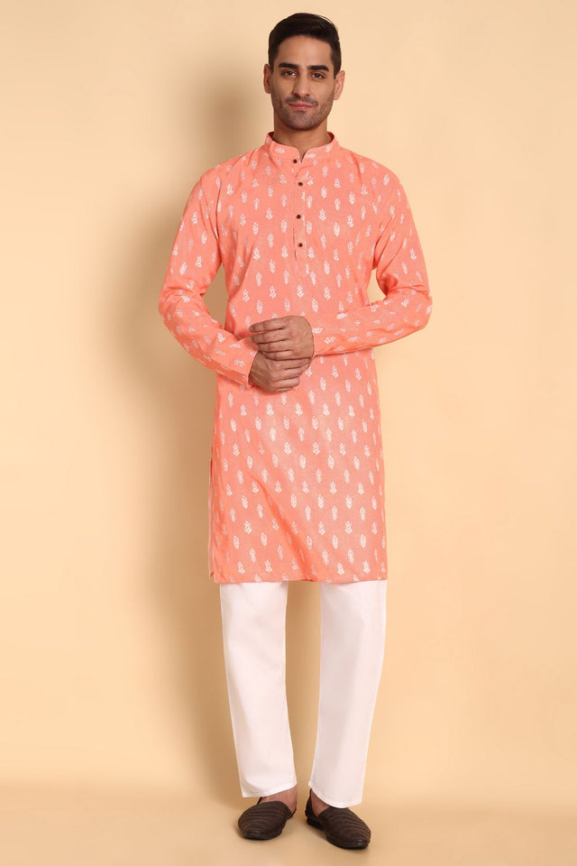 Mens Peach Printed Cotton Kurta Set (ACA9874)