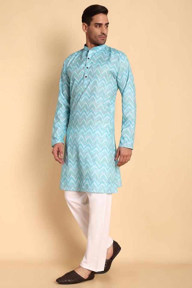 Mens Blue Printed Cotton Kurta Set (ACA9875)