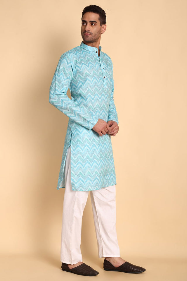 Mens Blue Printed Cotton Kurta Set (ACA9875)