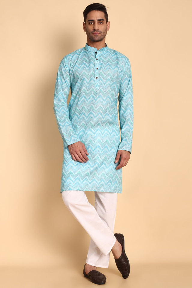 Mens Blue Printed Cotton Kurta Set (ACA9875)