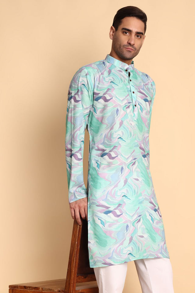 Mens Blue Printed Cotton Kurta Set (ACA9877)