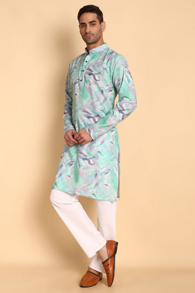 Mens Blue Printed Cotton Kurta Set (ACA9877)