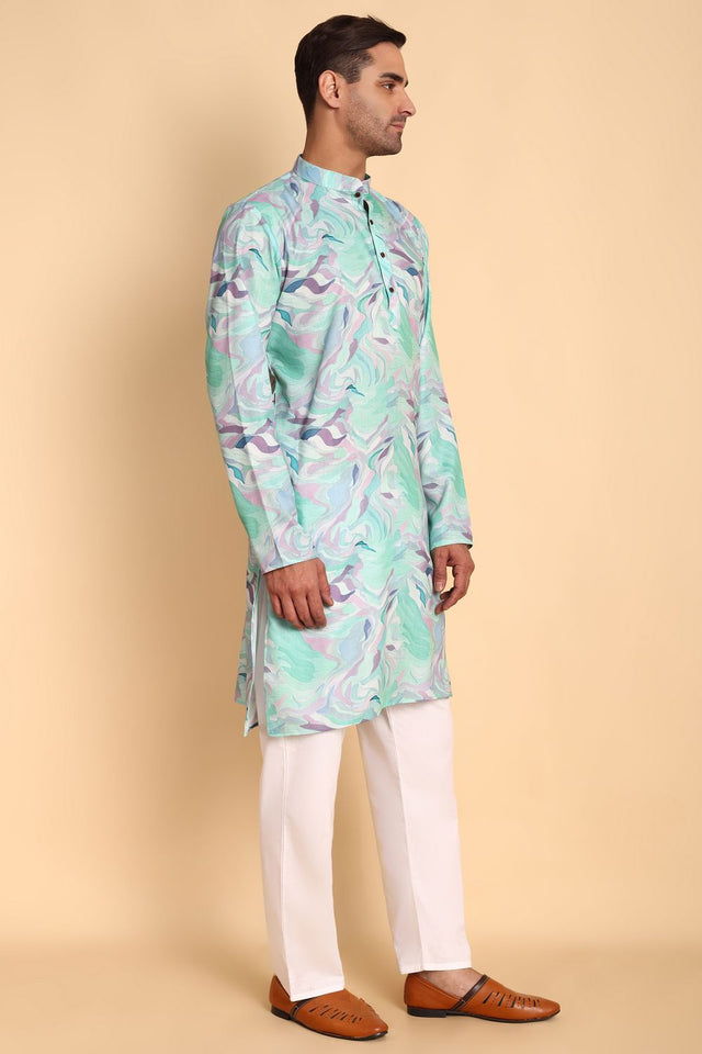 Mens Blue Printed Cotton Kurta Set (ACA9877)