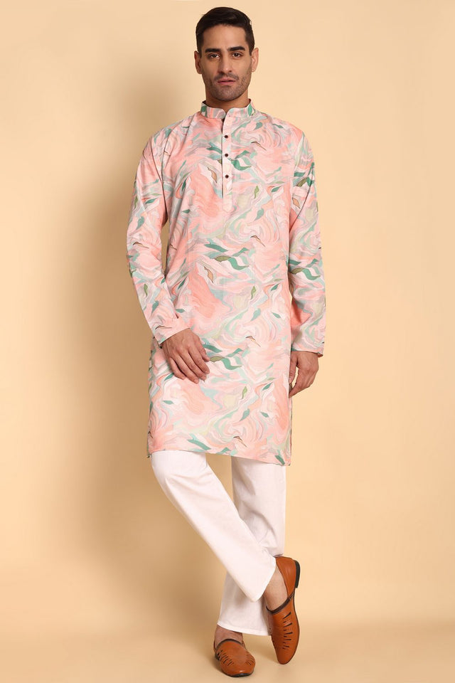 Mens Pink Printed Cotton Kurta Set (ACA9878)