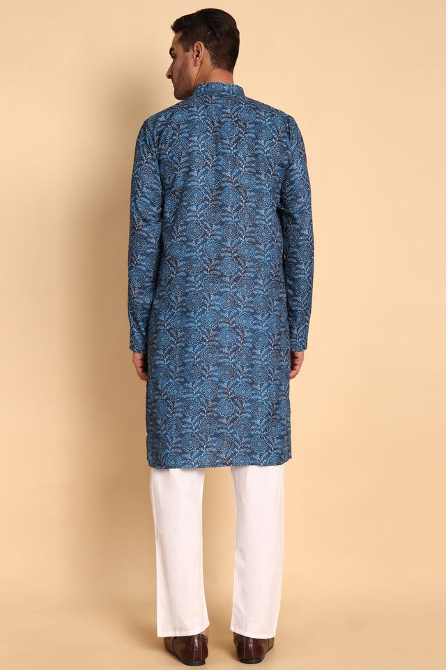 Mens Blue Printed Cotton Kurta Set (ACA9879)