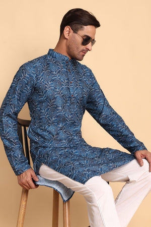 Mens Blue Printed Cotton Kurta Set (ACA9879)