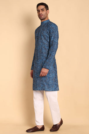 Mens Blue Printed Cotton Kurta Set (ACA9879)