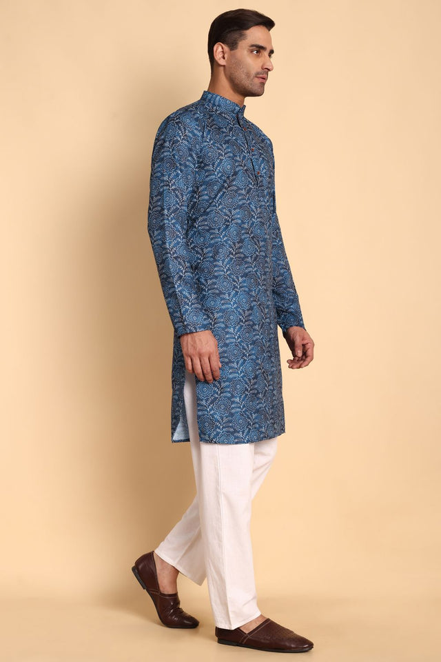 Mens Blue Printed Cotton Kurta Set (ACA9879)