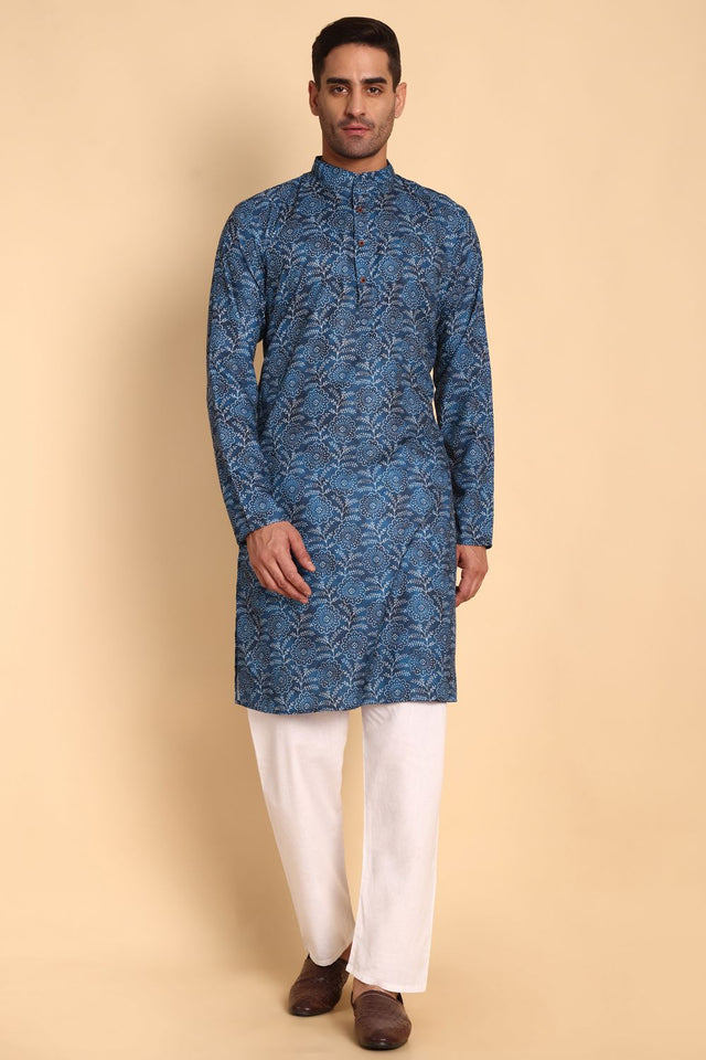 Mens Blue Printed Cotton Kurta Set (ACA9879)