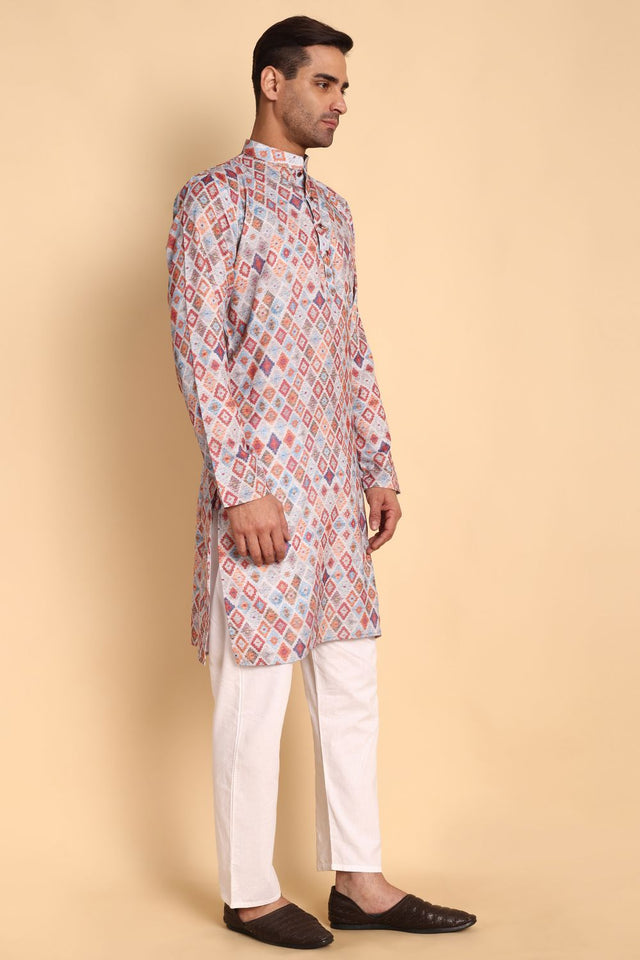 Mens Grey Printed Cotton Kurta Set (ACA9880)