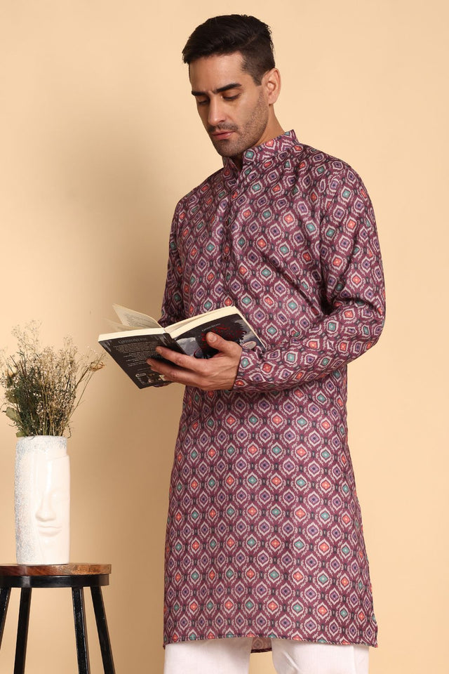 Mens Maroon Printed Cotton Kurta Set (ACA9881)