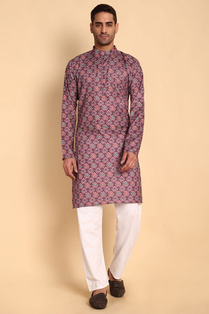 Mens Maroon Printed Cotton Kurta Set (ACA9881)