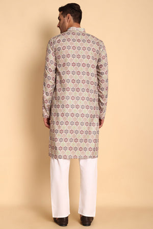 Mens Beige Printed Cotton Kurta Set (ACA9882)