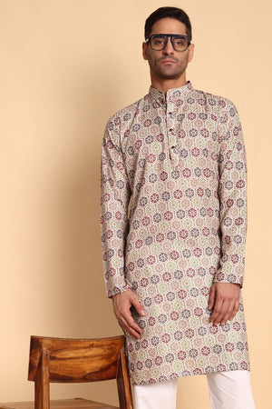 Mens Beige Printed Cotton Kurta Set (ACA9882)