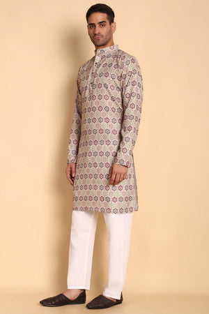 Mens Beige Printed Cotton Kurta Set (ACA9882)