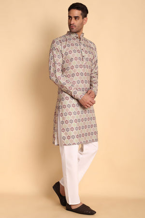 Mens Beige Printed Cotton Kurta Set (ACA9882)