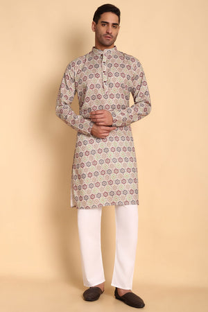 Mens Beige Printed Cotton Kurta Set (ACA9882)
