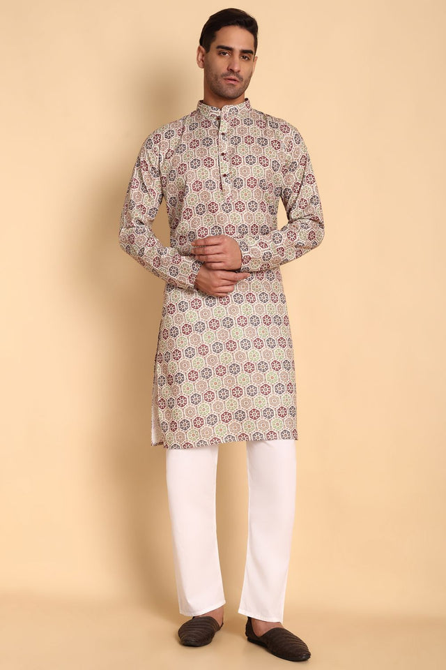 Mens Beige Printed Cotton Kurta Set (ACA9882)