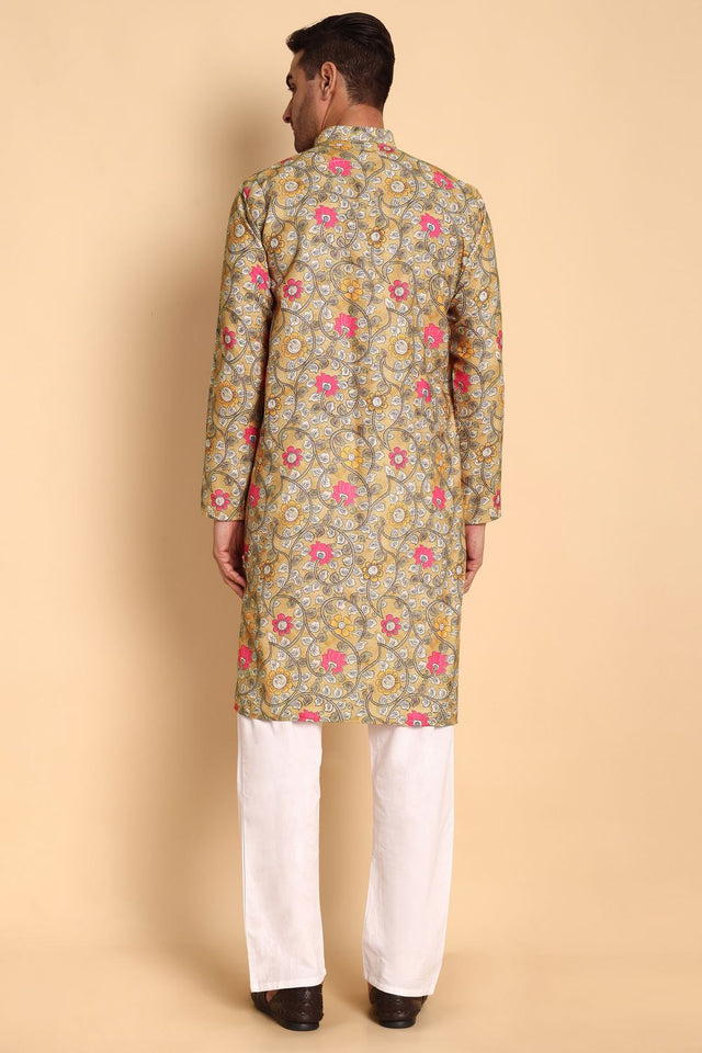Mens Yellow Printed Cotton Kurta Set (ACA9883)