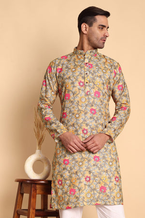 Mens Yellow Printed Cotton Kurta Set (ACA9883)