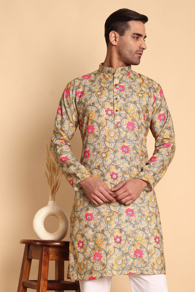 Mens Yellow Printed Cotton Kurta Set (ACA9883)