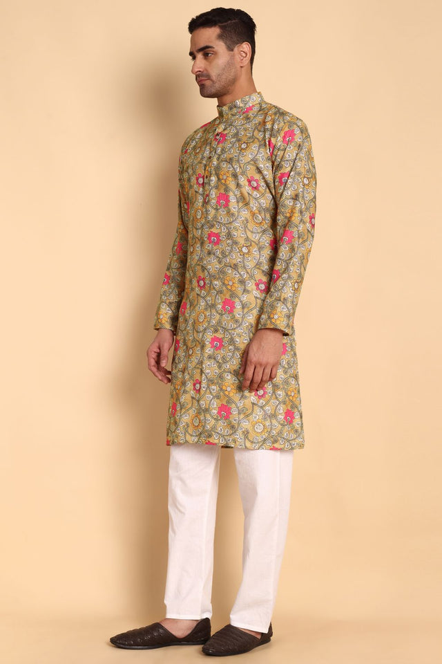 Mens Yellow Printed Cotton Kurta Set (ACA9883)