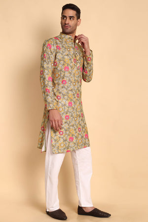 Mens Yellow Printed Cotton Kurta Set (ACA9883)