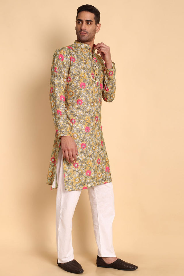 Mens Yellow Printed Cotton Kurta Set (ACA9883)