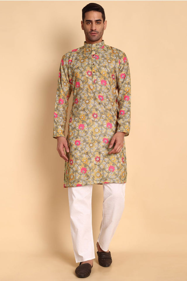 Mens Yellow Printed Cotton Kurta Set (ACA9883)