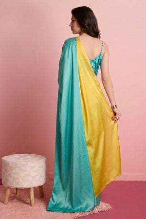 Turquoise Solid Satin Ready to Wear Saree (ACA9897)