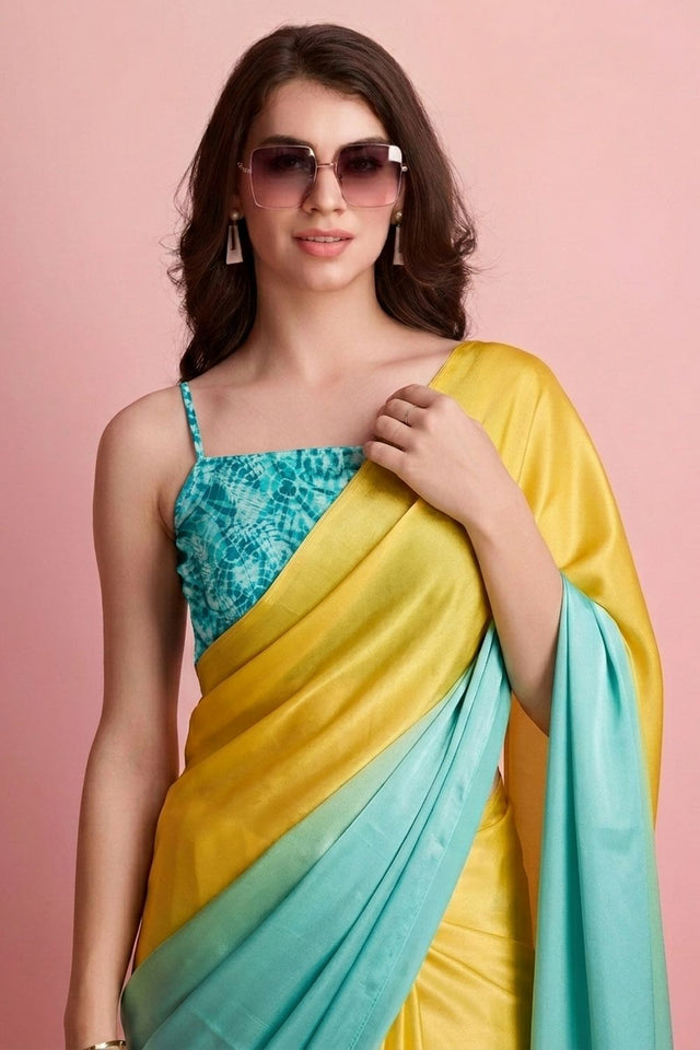 Turquoise Solid Satin Ready to Wear Saree (ACA9897)
