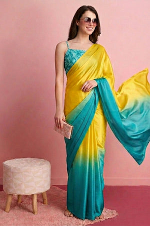 Turquoise Solid Satin Ready to Wear Saree (ACA9897)