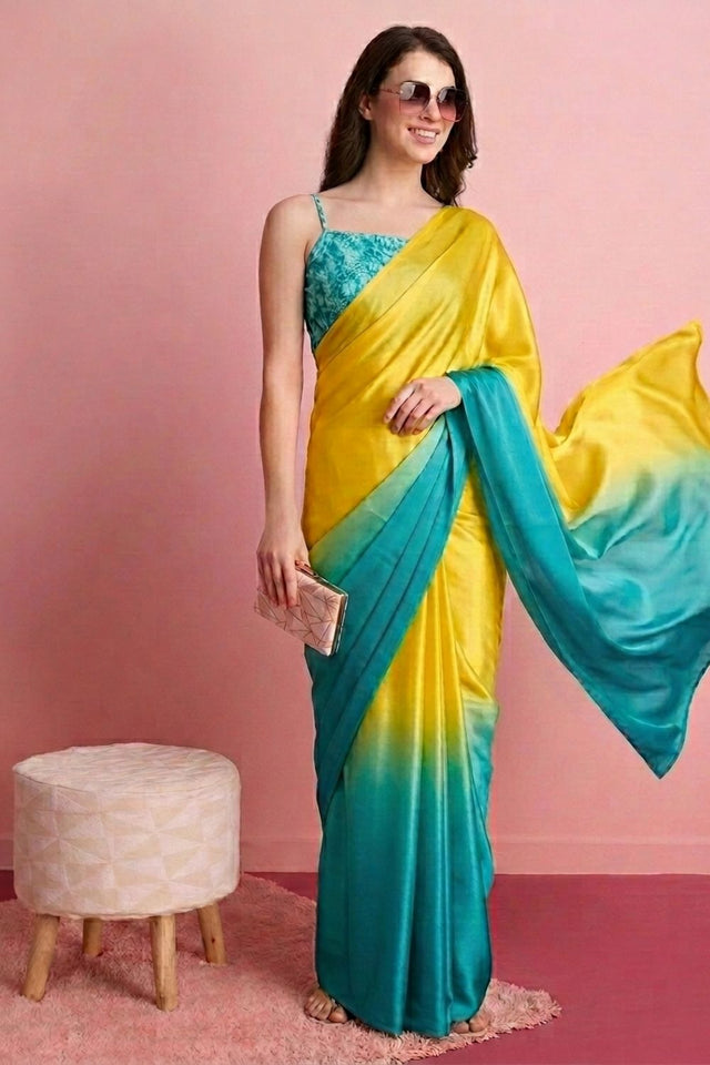 Turquoise Solid Satin Ready to Wear Saree (ACA9897)