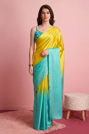 Turquoise Solid Satin Ready to Wear Saree (ACA9897)