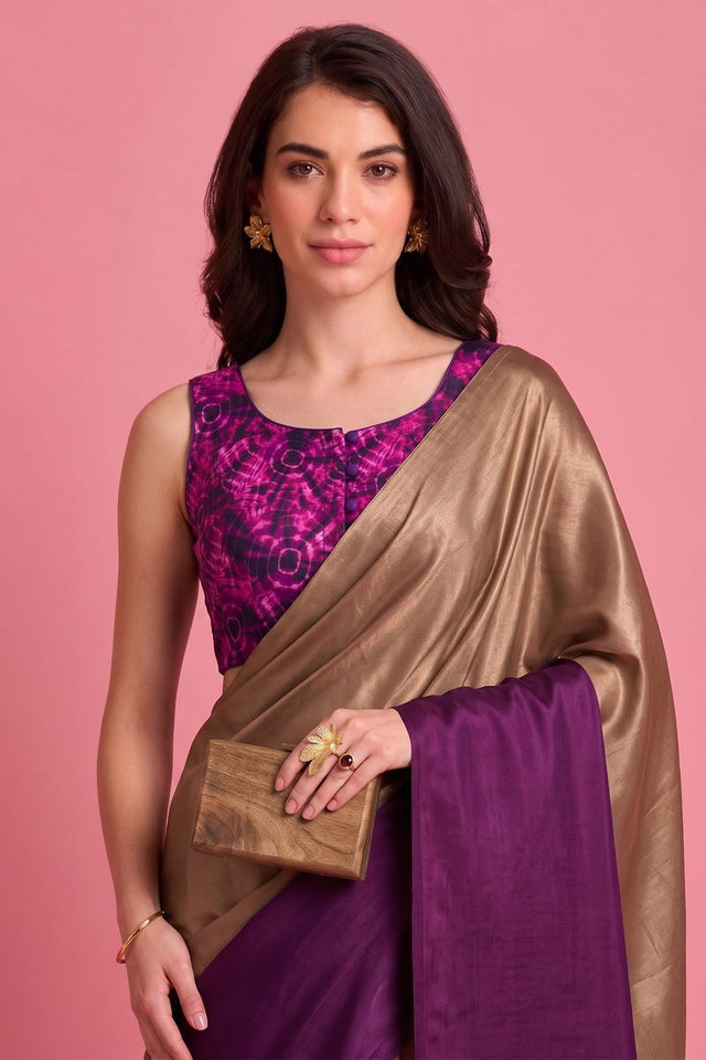 Purple Solid Satin Ready to Wear Saree (ACA9898)