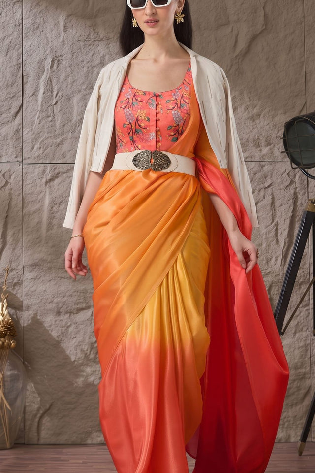 Orange Solid Satin Ready to Wear Saree (ACA9899)
